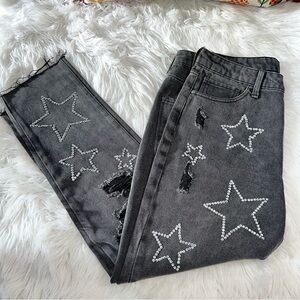 Simple Society • Distressed Straight Leg Jeans with Rhinestone Stars